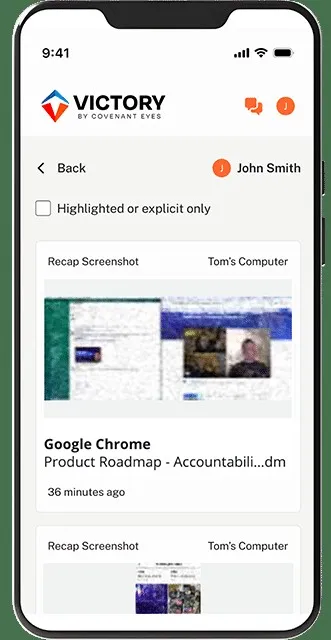 Covenant Eyes Victory app activity report screen on a phone