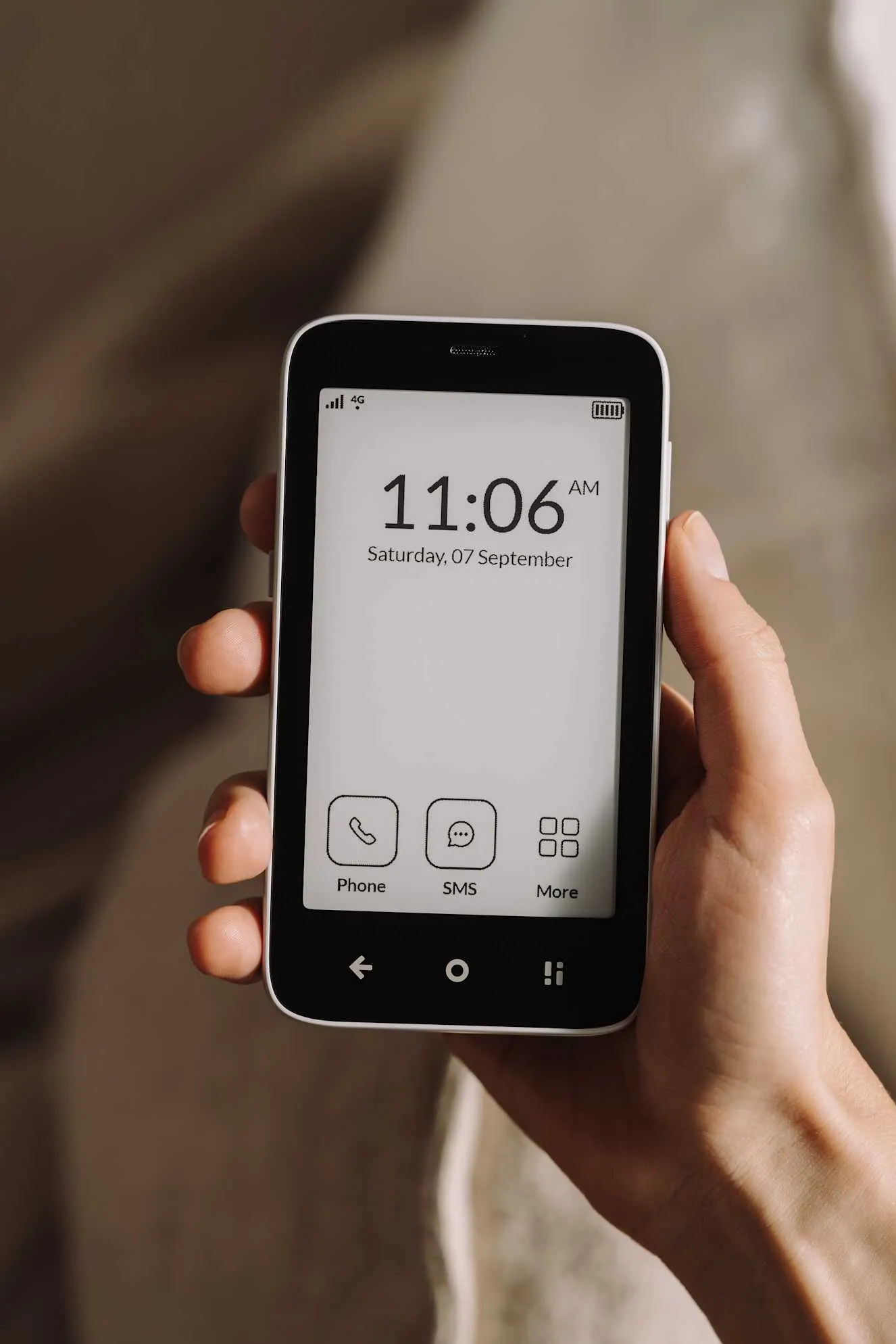 Mudita Kompakt e-ink phone with a 4.3-inch grayscale display and a physical privacy switch