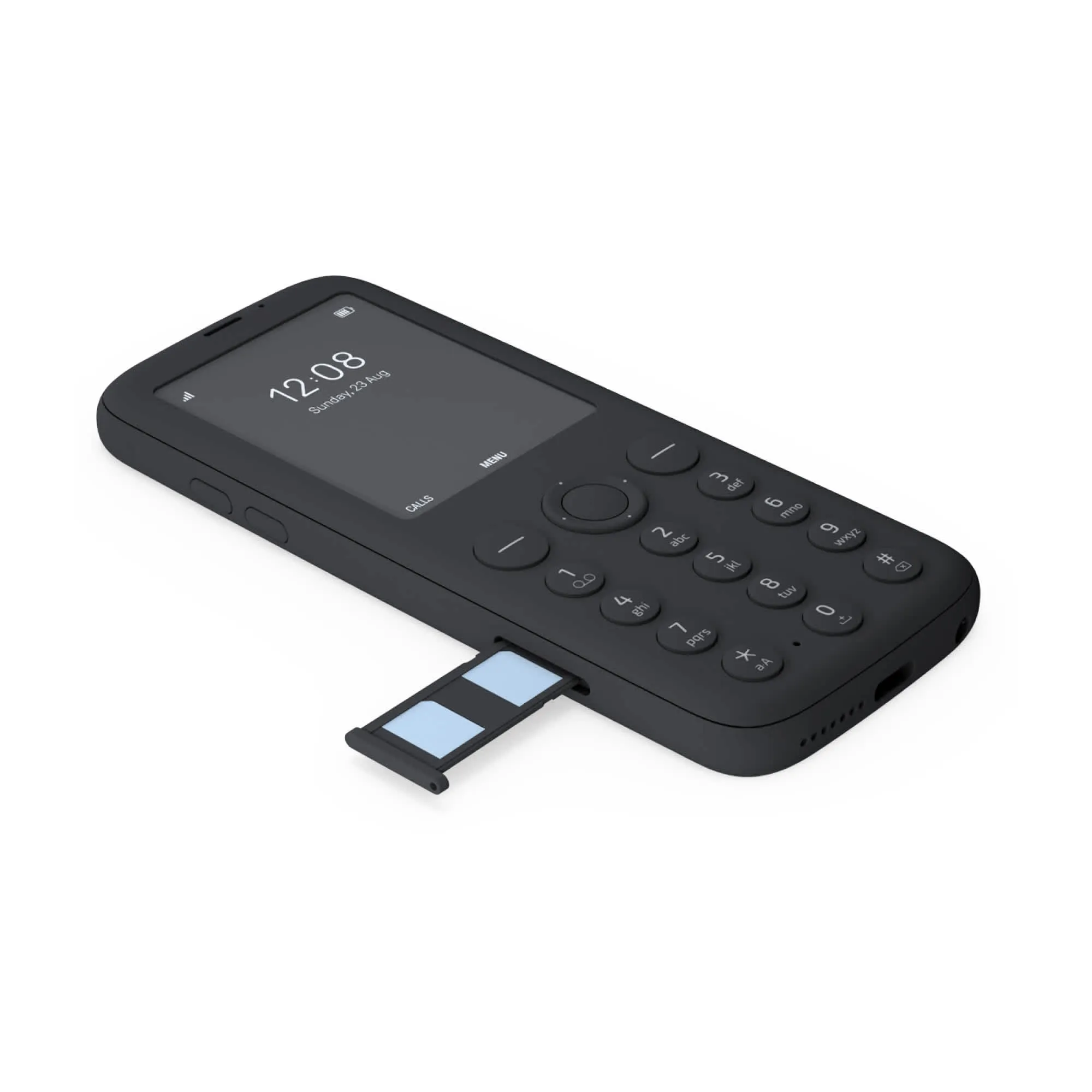 Mudita Pure black e-ink phone with a physical number keypad and dual SIM tray